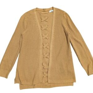 Pinque Cardigan Sweater M Medium Mustard Lace Up Back Yellow Gold Long Tunic